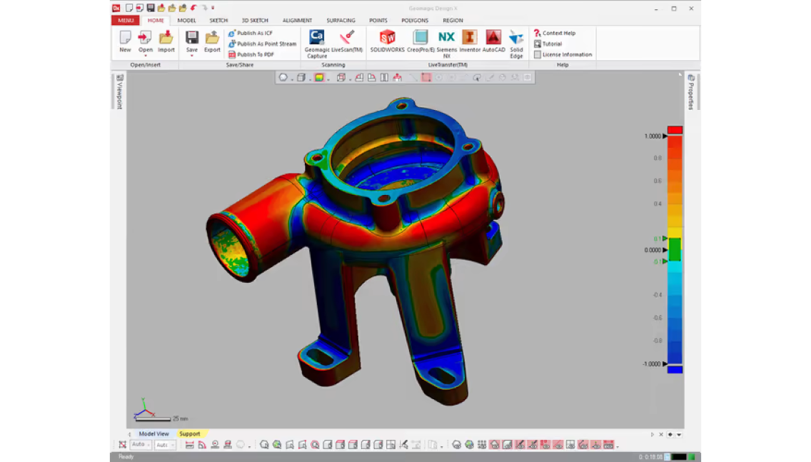 Comparing water pump CAD model to scan data in Geomagic Design X